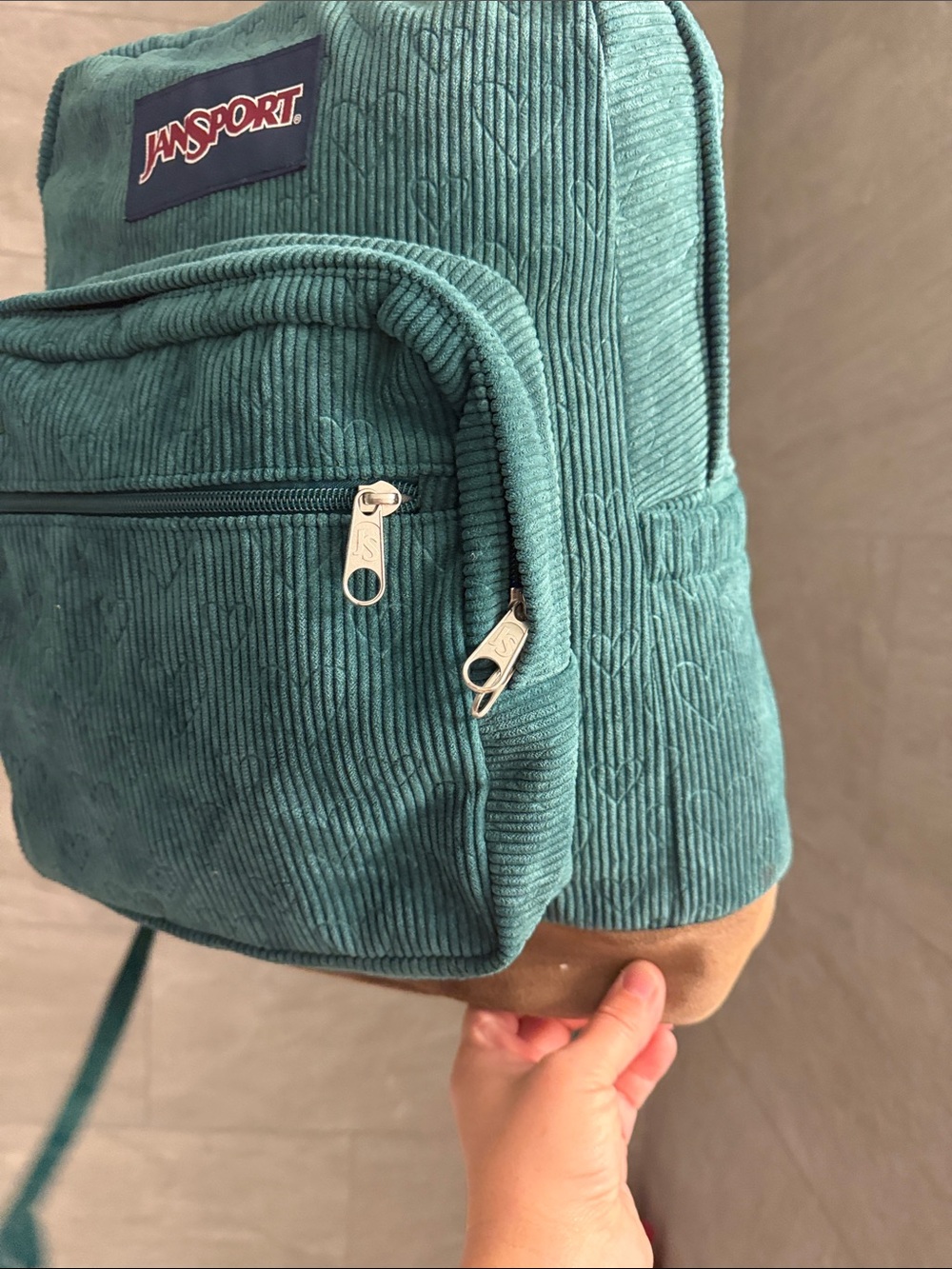 JANSPORT Teal Corduroy Heart-Embossed Backpack - Picture 6 of 13